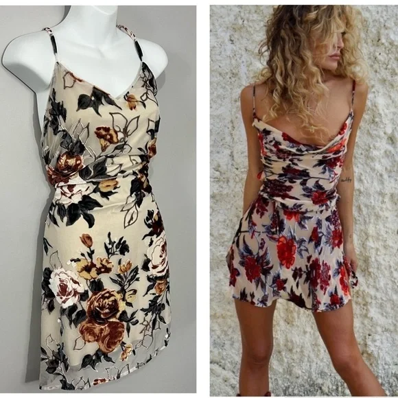 Vintage tan silky blend velvet burnout mini floral damask slip dress boho chic - Picture 1 of 7
